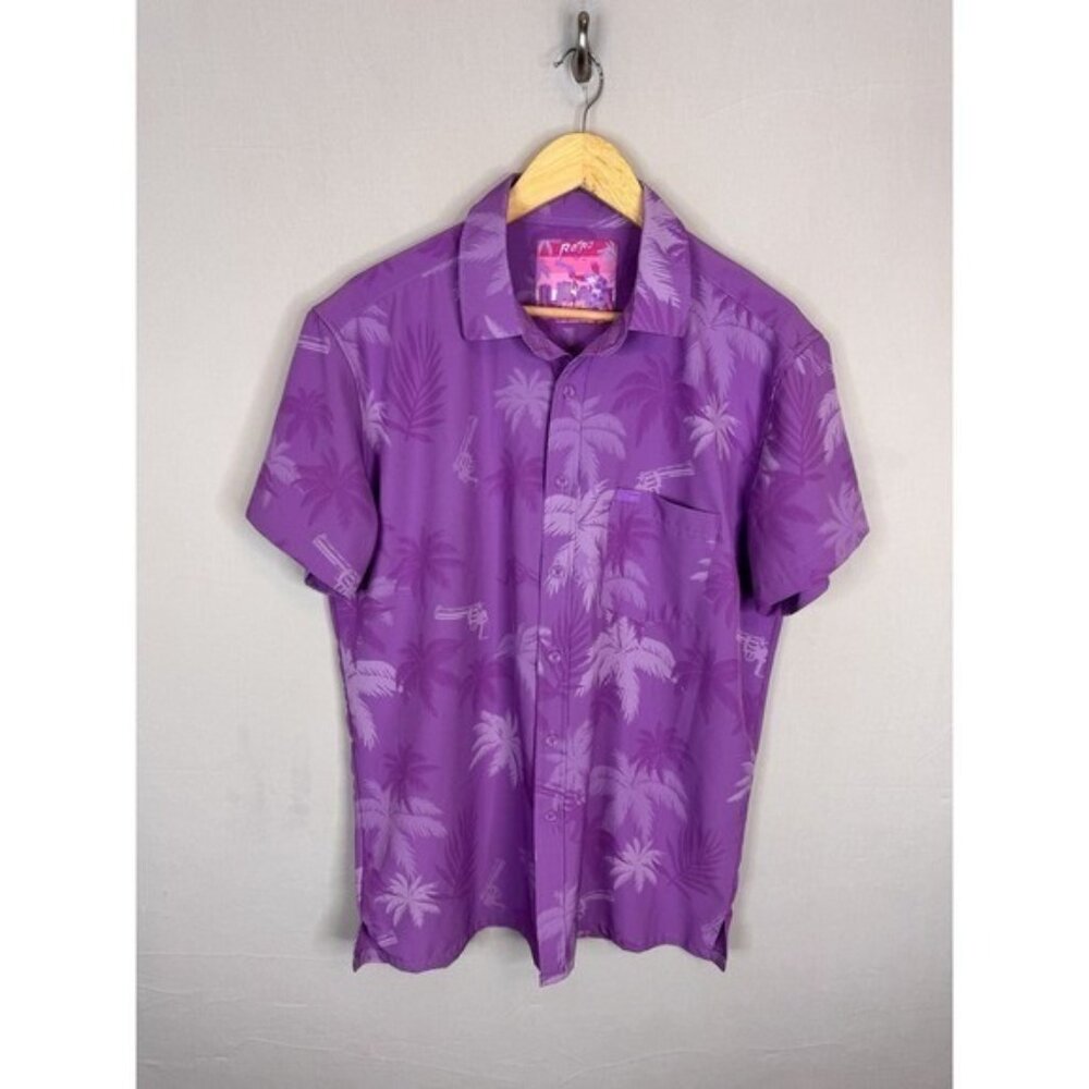Retro Rifle Vice City Purple Tropical Palm Revolver Stretch Button Down Shirt L